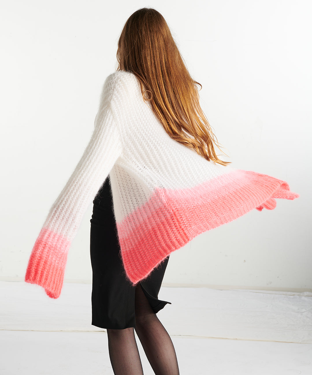 Alpaka Oversize Cardigan – weiß-rosa